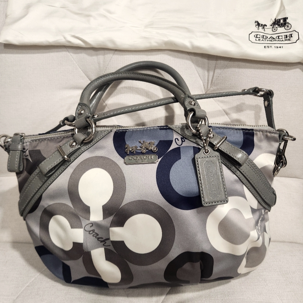 Coach Madison Sophia Satchel Bag In Blue, Gray, And White.